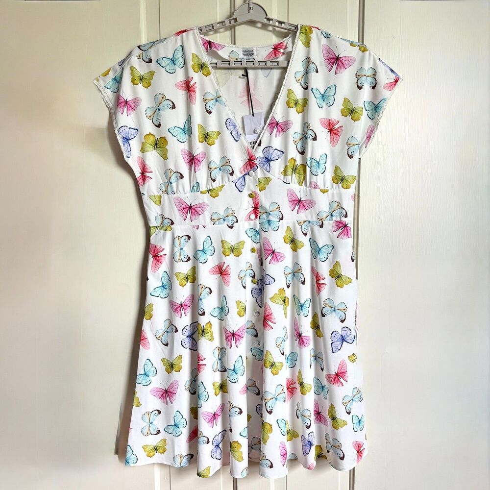 Unique Vintage dress womens 3X white butterfly print retro NEW missing belt